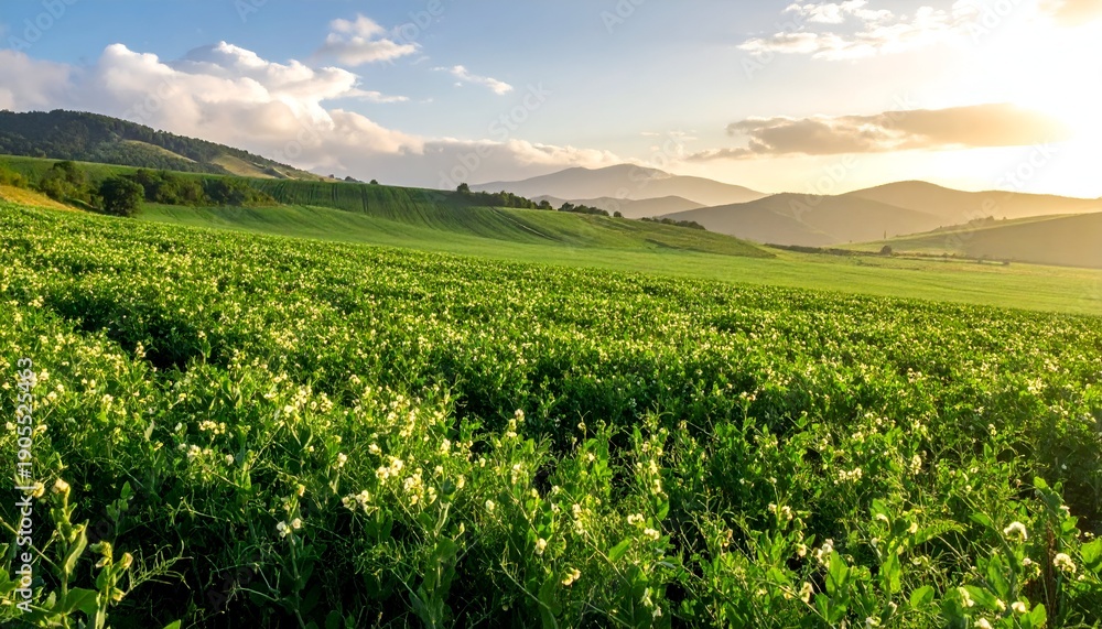 Fototapeta premium Lush, green field stretches to distant mountains, illuminated by a golden sunset under a partly cloudy sky