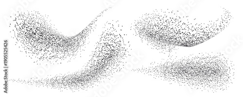 Abstract drawings of black dots in the form of aerosol sprays. Perfumes, graffiti, powder. Vector illustration. 