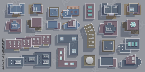 Vector illustration of an overhead view of different types of roofs of modern buildings. Top view to create an architectural plan of a district, city, village. View from above. Aerial