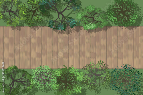 Vector illustration. Landscape design. Top view. Wooden bridge, green grass and trees. View from above.