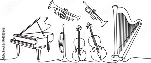 Continuous line drawing of grand piano, tuba, trumpet, french horn, violin, cello, harp.one line vector icon illustration