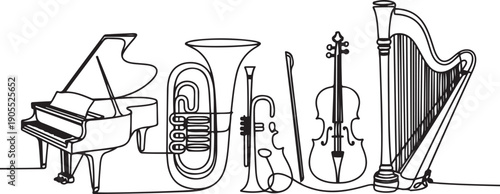 Continuous line drawing of grand piano, tuba, trumpet, french horn, violin, cello, harp.one line vector icon illustration