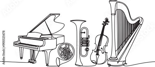 Continuous line drawing of grand piano, tuba, trumpet, french horn, violin, cello, harp.one line vector icon illustration