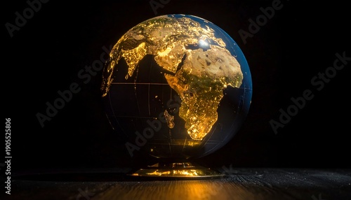 Illuminated globe featuring Africa at night, set against a dark background, resting on a dark wooden surface