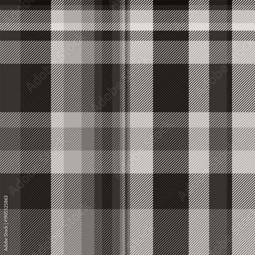 Color plaid texture textile, editable seamless vector tartan. Row check pattern background fabric in dark and grey colors.