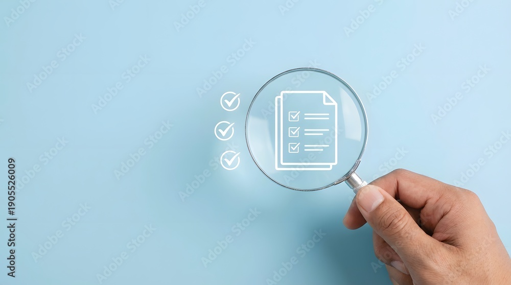 Fototapeta premium Hand holding magnifying glass over checklist document icons emphasizing successful verification and thorough compliance review process