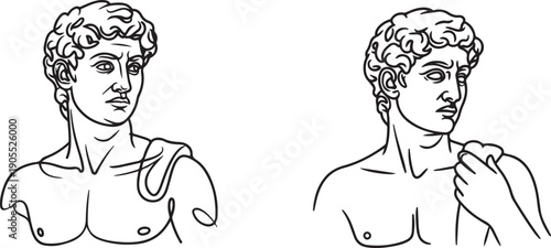 One line greece mythology sculptures. Ancient greek statues hand drawn single continuous line, David head torso.one line vector icon illustration