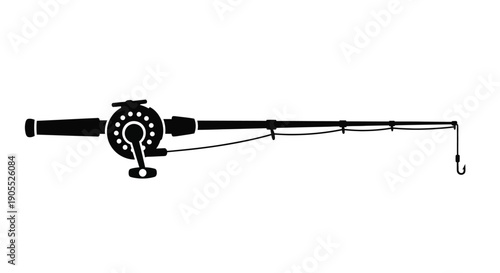 A black silhouette of a fishing rod with a reel line and hook a popular angling tool silhouette high quality professional detailed