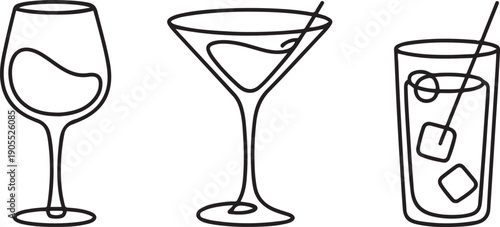 Simple one line cocktail glasses. Continuous lines wine, martini, summer drink glass.one line vector icon illustration