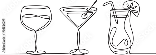 Simple one line cocktail glasses. Continuous lines wine, martini, summer drink glass.one line vector icon illustration