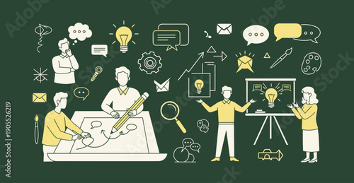 Chalkboard style illustration of people collaborating and generating ideas with various symbols