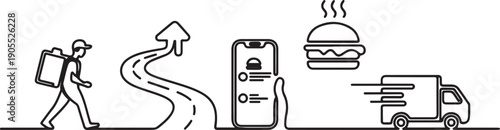 One line art fast food delivery icon set. Walk road food shipping mobile app order.one line vector icon illustration