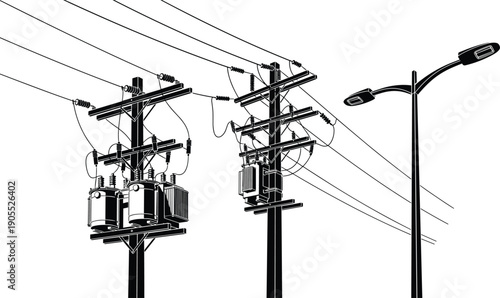 Utility pole illustration, electrical transformer silhouette, power line infrastructure, streetlight pole design, , overhead cables, , black silhouette drawing, flat vector illustration