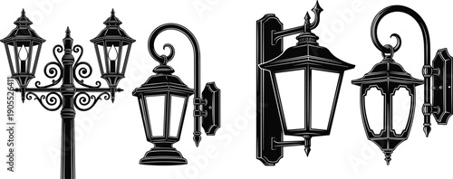 Vintage outdoor lantern silhouettes, ornate street lamps, wall-mounted fixtures, decorative pole designs, classic lighting artwork, architectural elements, urban streetlight illustration