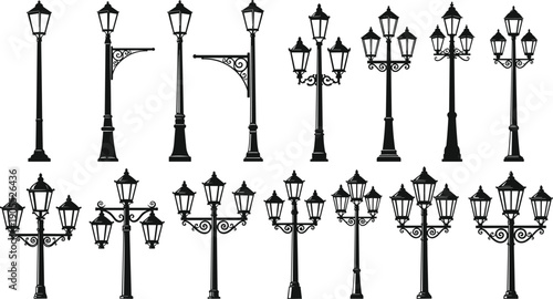 Vintage street lamp silhouettes, ornate lantern posts, decorative pole designs, classic outdoor lighting, historical architecture elements, flat vector illustration