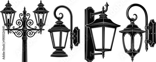 Vintage street lantern silhouettes, ornate wall-mounted lamps, decorative outdoor lighting, classic pole designs, architectural elements, urban streetlight artwork, black silhouette illustration