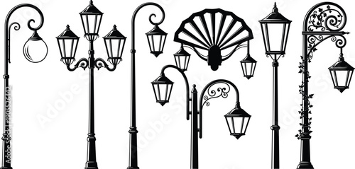 Vintage street lamp silhouettes, ornate lantern posts, decorative pole designs, classic outdoor lighting, historical architecture elements, urban streetlight artwork, black silhouette illustration
