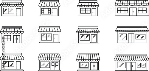 Storefront Icon Set Featuring Various Linear Retail Shop Designs with Awnings and Display Windows for Small Business Commercial Real Estate and Urban Shopping