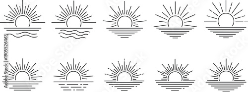 Sunrise and Sunset Icon Set Featuring Various Linear Designs of Sun Rising Over Ocean Waves for Morning Routine Nature Travel and Solar Energy