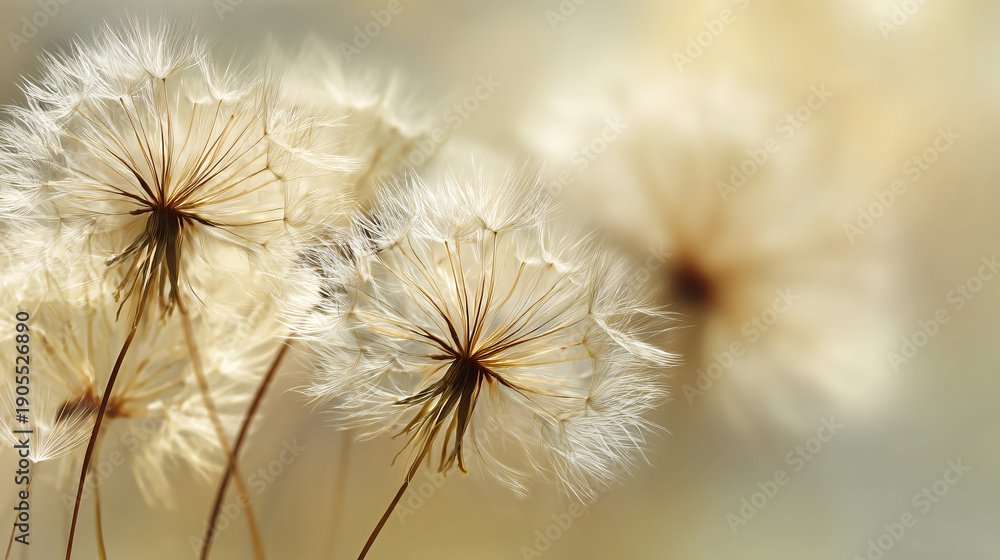 Obraz premium Delicate Dandelion Seeds Floating on a Soft Blur Background