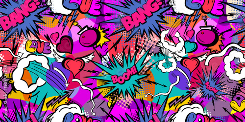 Seamless heart pattern with colored hand drawn art abstract graffiti brush drawing background elements