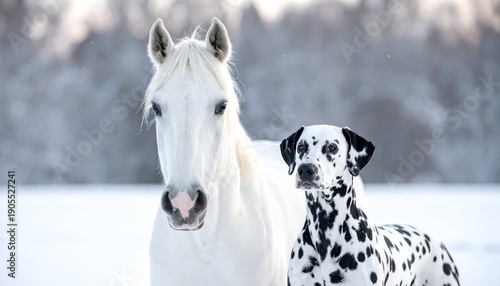 Portrait of a white horse and a Dalmatian dog standing together in a snowy, wintery field