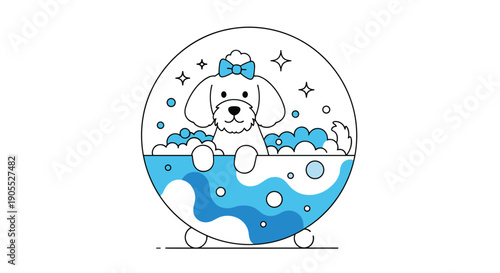 Adorable white puppy wearing a blue bow sits inside a bubble bath filled with blue water and sparkling star shapes.