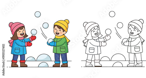 Cute children playing snowball fight in winter vector illustration with colorful version and black and white outline for coloring book page