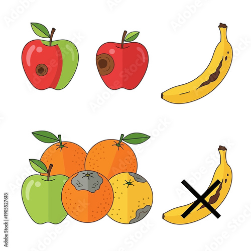 Rotten Fruit Collection with Bad Apples, Oranges and Banana