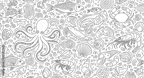 Complex seamless pattern featuring various sea creatures such as octopuses and shells in a line art style.
