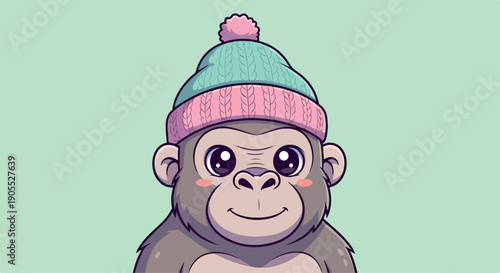 Illustration of a smiling cartoon monkey wearing a pink and blue knit hat on a mint green background.