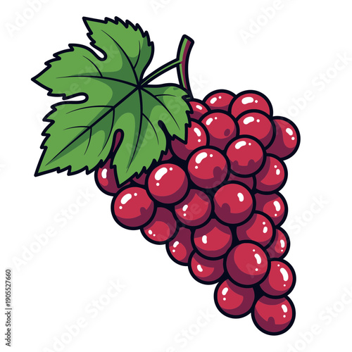 Red grape bunch with green leaf isolated