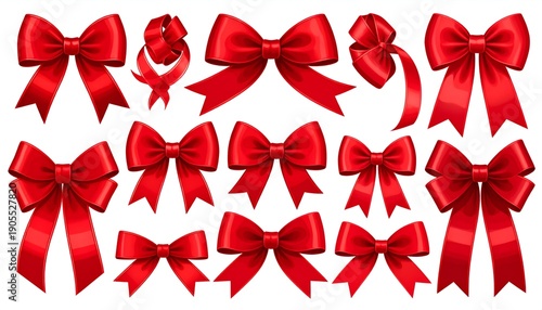 Many vibrant red, satin-like ribbon bows of various sizes & shapes, some with cascading tails on a bright white background