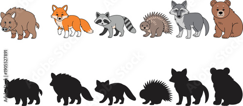 Cute forest animals illustration set with wild mammals icons and silhouettes for education, children, nature design, isolated white background vector
