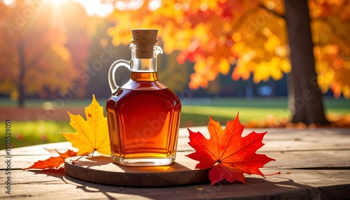 Maple syrup in a glass decanter with autumn leaves on a rustic wooden table in front of colorful fall trees