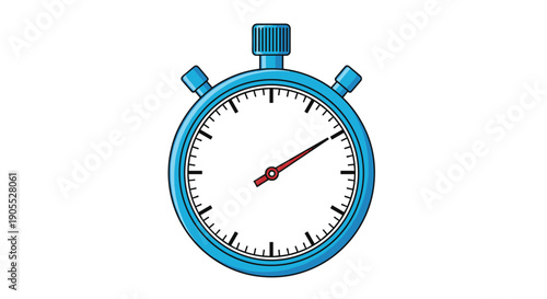 Precise blue stopwatch icon with a red needle and minute markers isolated on a plain white background design.