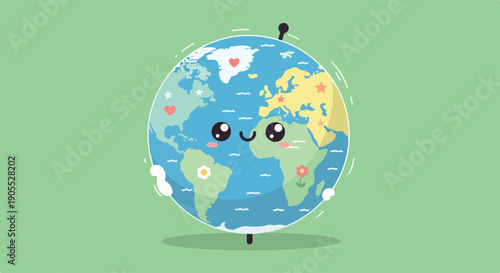 Cartoon globe with smiling face on green background, illustration with colorful continents and cute eyes.