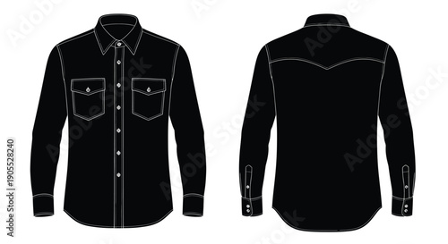 A black western shirt is displayed in a front and back view represented as a silhouette high quality professional detailed modern elegant