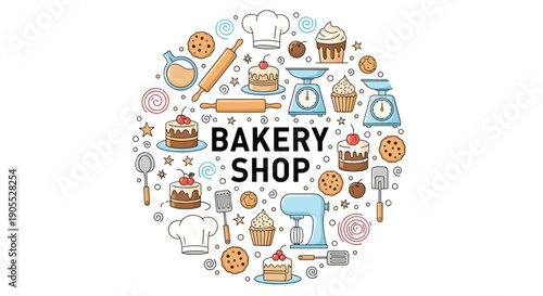 Circular bakery shop logo design featuring various cakes and kitchen utensils arranged around central text.