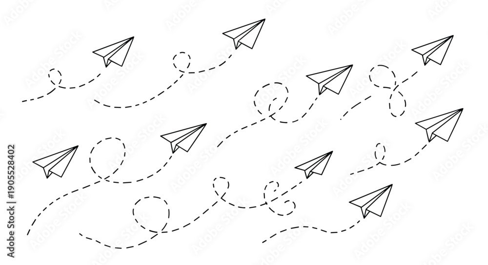 Obraz premium Set of paper planes flying in different directions with dotted lines indicating their motion and flight paths on a white background.
