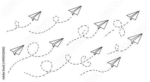 Set of paper planes flying in different directions with dotted lines indicating their motion and flight paths on a white background.
