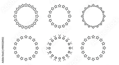 Collection of six circular star frames with various designs including single stars and decorative accents for logos and labels.