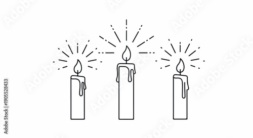 Line drawing of three lit candles with radiant lines on a white background in a simple style.