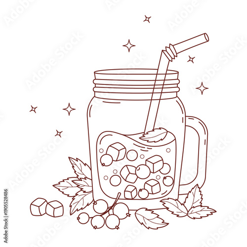 Outline Blackcurrant Drink with Ice Cubes, Berries in clear in mason jar. Seasonal Refreshing Cocktail with straw and Mint. Line drawing, coloring page. Vector Illustration