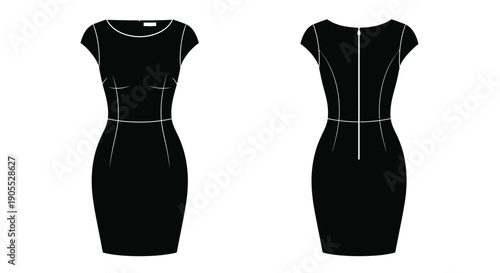 Technical fashion illustration of a classic black sheath dress front and back views isolated silhouette high quality professional detailed modern elegant stylish