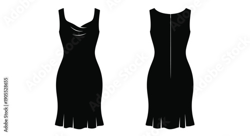 Two black dresses displayed against a white background showing front and back views a striking silhouette high quality professional detailed modern