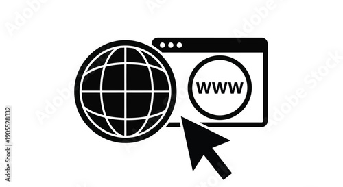 Black and white icon depicting a globe within a website browser window