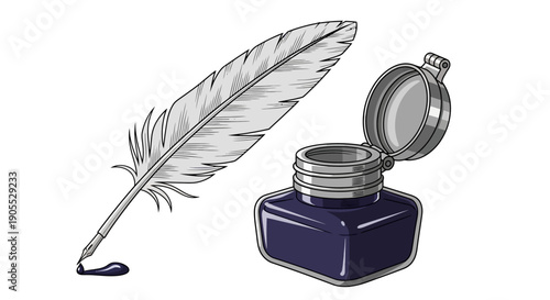 Classic Feather Quill Pen and Inkwell Set for Traditional Writing and Calligraphy Art