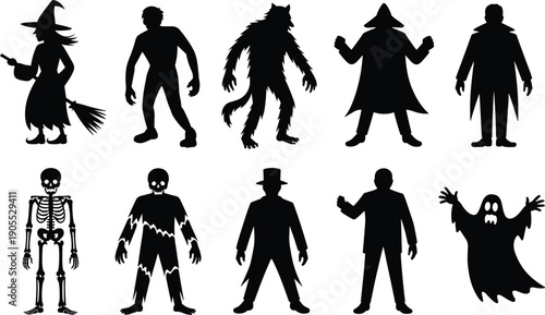 Halloween character silhouettes set with spooky monsters, witches, ghosts, zombies and horror figures isolated on white background vector illustration