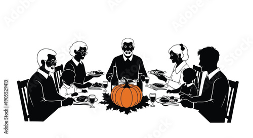 A family gathers around a table set for a festive meal highlighted by an orange pumpkin silhouette high quality professional detailed
